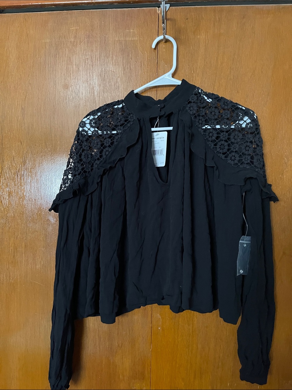 Free People XS Black Long Sleeve Crochet Yoke Blouse